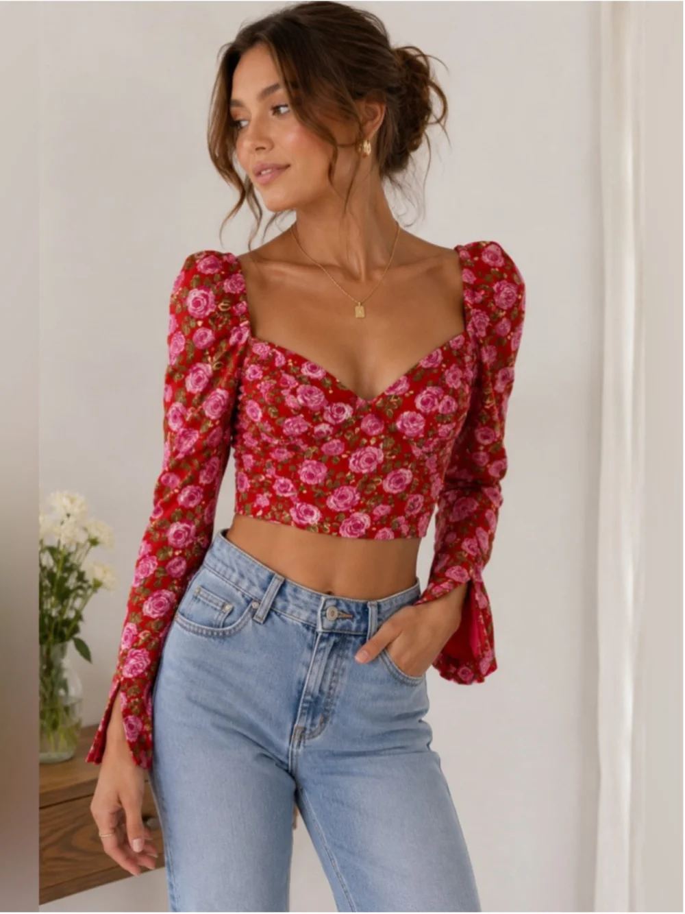 Zara Red and Pink Rose-Print Sweetheart Crop Top Size XS Y2K Festival Coquette